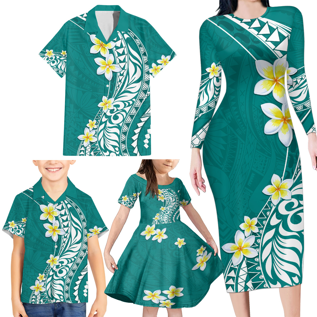 Hawaii Aloha Family Matching Long Sleeve Bodycon Dress and Hawaiian Shirt Plumeria Vintage - Teal LT7 - Polynesian Pride