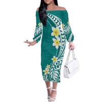 Hawaii Aloha Family Matching Off Shoulder Long Sleeve Dress and Hawaiian Shirt Plumeria Vintage - Teal LT7 Mom's Dress Teal - Polynesian Pride