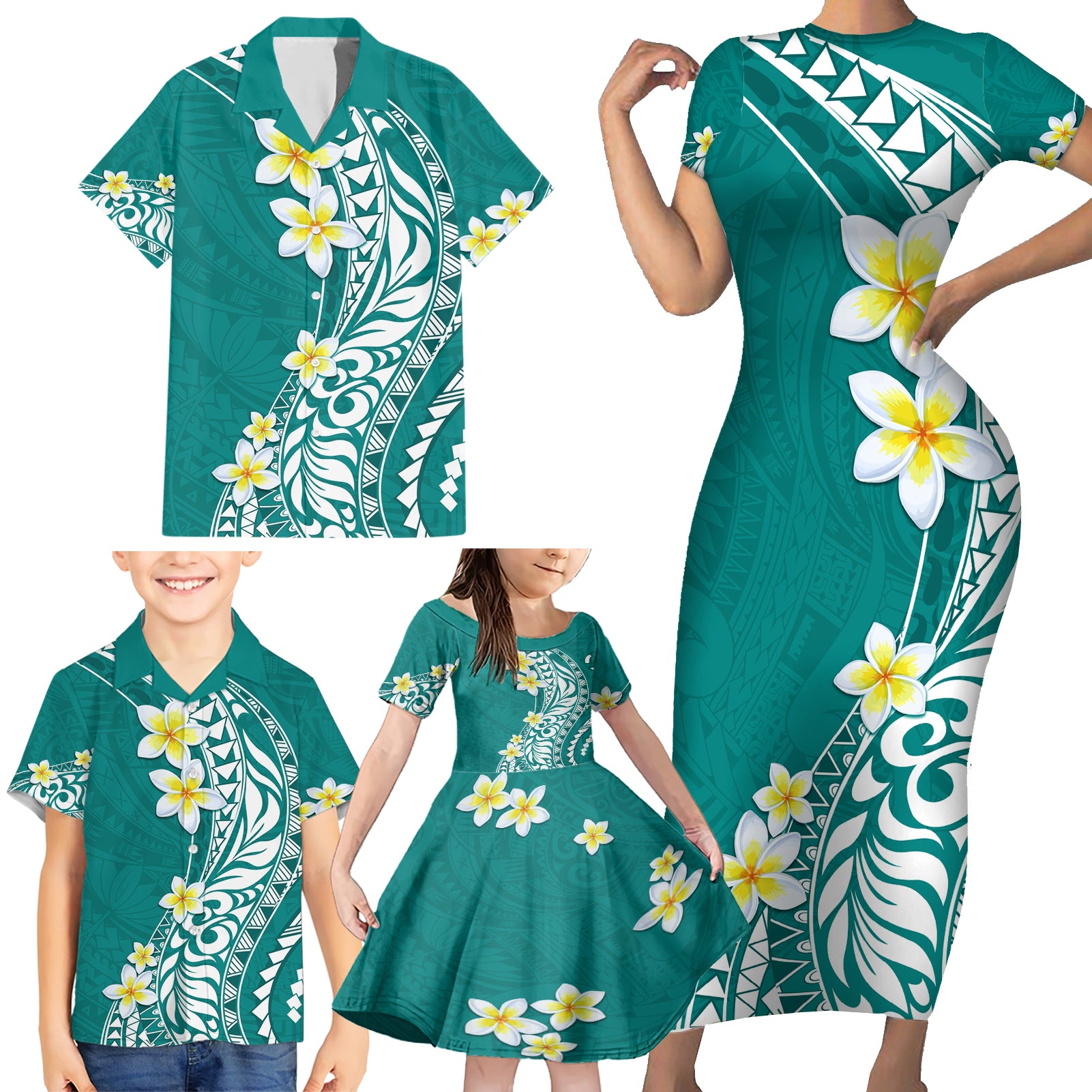 Hawaii Aloha Family Matching Short Sleeve Bodycon Dress and Hawaiian Shirt Plumeria Vintage - Teal LT7 - Polynesian Pride