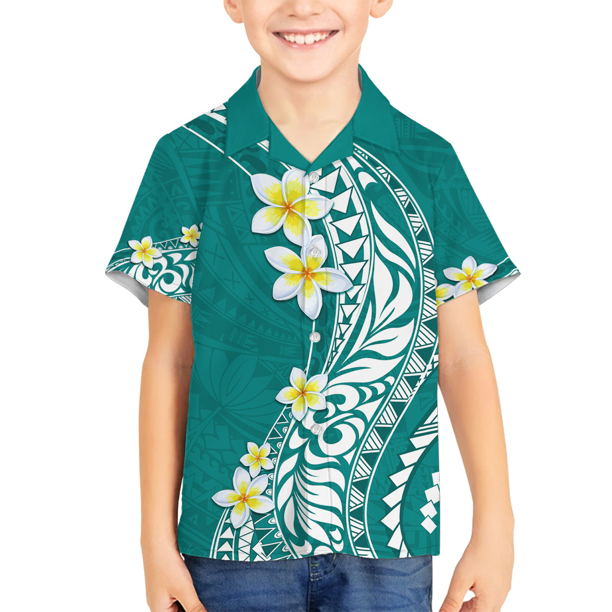 Hawaii Aloha Family Matching Summer Maxi Dress and Hawaiian Shirt Plumeria Vintage - Teal LT7 Son's Shirt Teal - Polynesian Pride
