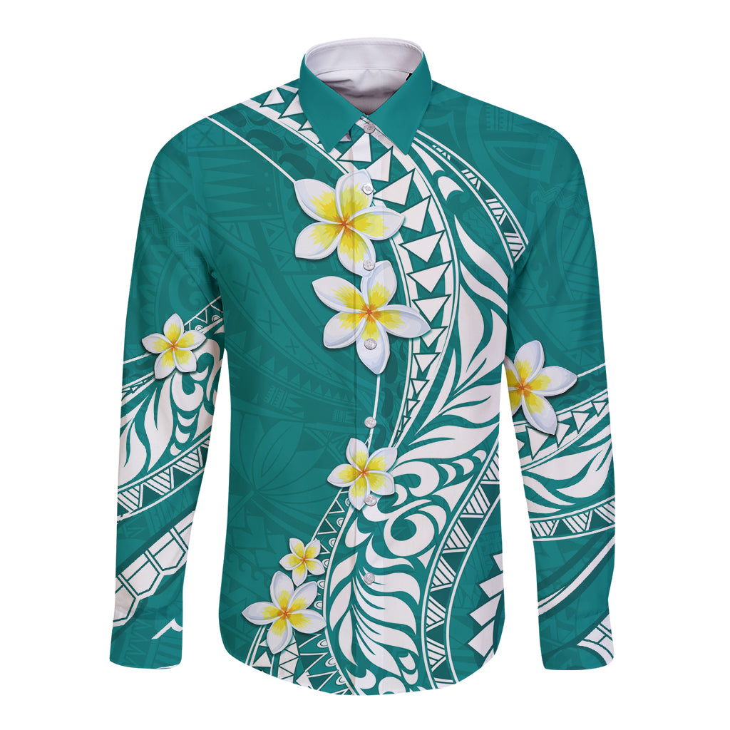 Hawaii Aloha Long Sleeve Button Shirt Plumeria Vintage - Teal LT7 Unisex Teal - Polynesian Pride