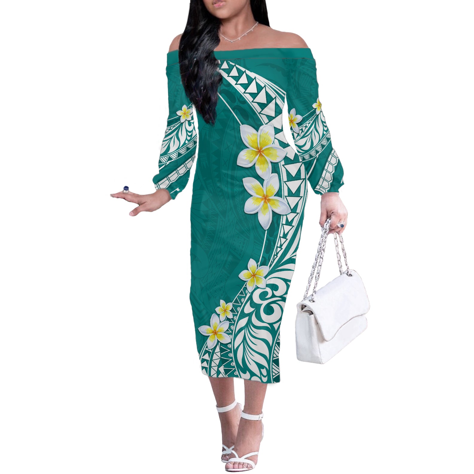 Hawaii Aloha Off The Shoulder Long Sleeve Dress Plumeria Vintage - Teal LT7 Women Teal - Polynesian Pride