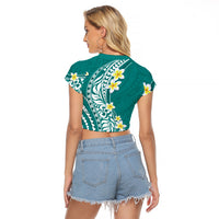 Hawaii Aloha Raglan Cropped T Shirt Plumeria Vintage - Teal LT7 - Polynesian Pride
