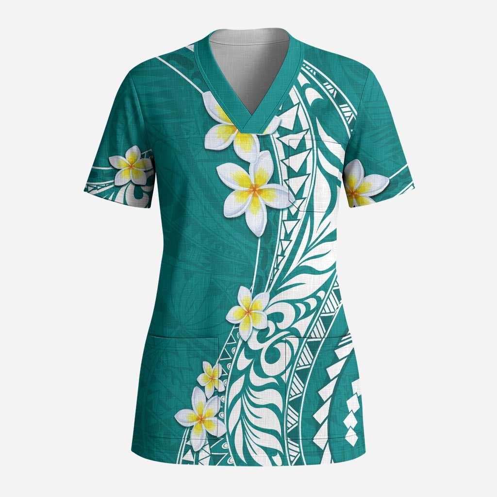 Hawaii Aloha Scrub Top Plumeria Vintage - Teal - Polynesian Pride