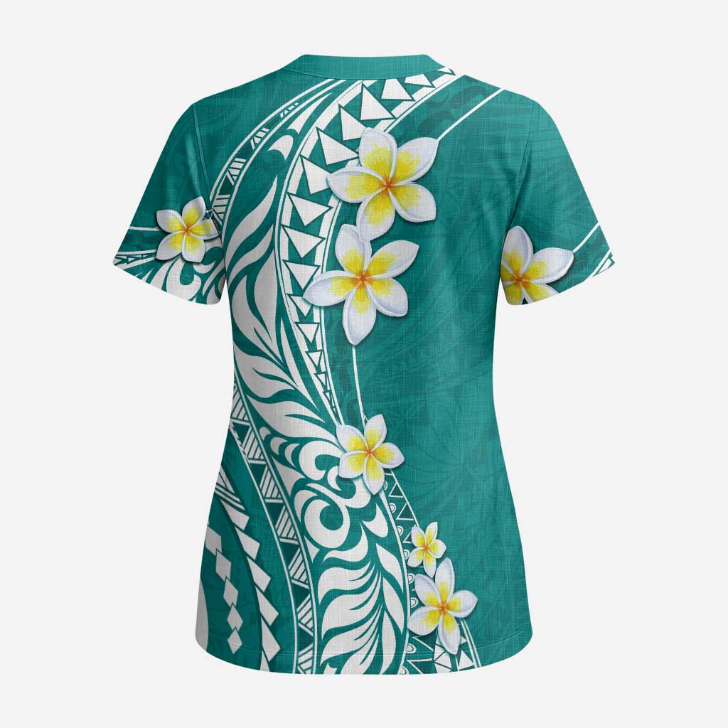 Hawaii Aloha Scrub Top Plumeria Vintage - Teal - Polynesian Pride