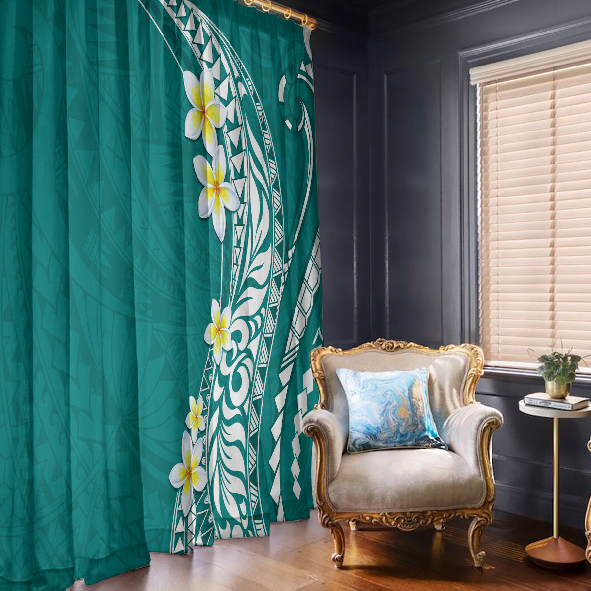 Hawaii Aloha Window Curtain Plumeria Vintage - Teal LT7 - Polynesian Pride