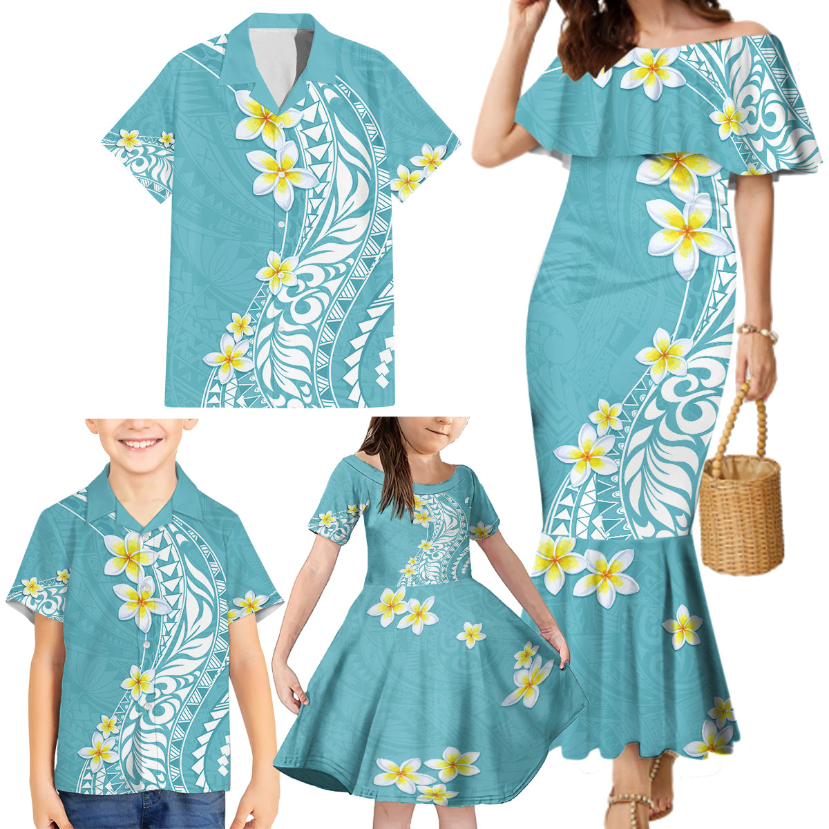 Hawaii Aloha Family Matching Mermaid Dress and Hawaiian Shirt Plumeria Vintage - Turquoise LT7 - Polynesian Pride