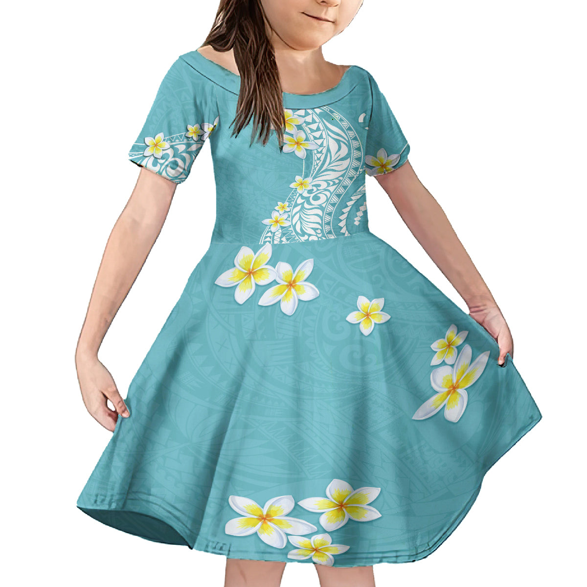 Hawaii Aloha Family Matching Off Shoulder Long Sleeve Dress and Hawaiian Shirt Plumeria Vintage - Turquoise LT7 Daughter's Dress Turquoise - Polynesian Pride