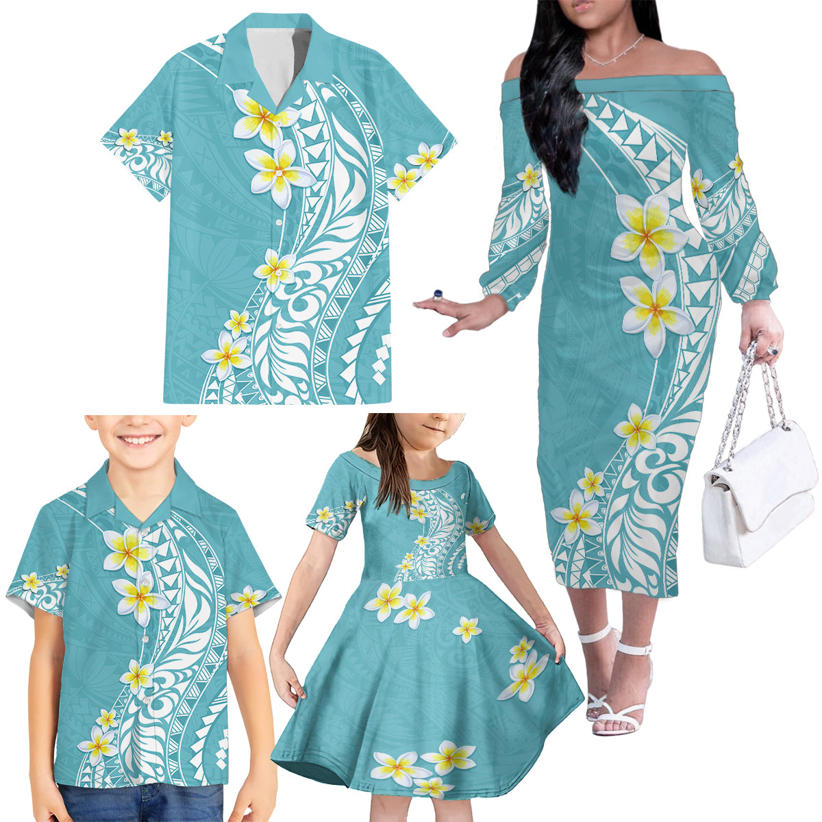 Hawaii Aloha Family Matching Off Shoulder Long Sleeve Dress and Hawaiian Shirt Plumeria Vintage - Turquoise LT7 - Polynesian Pride