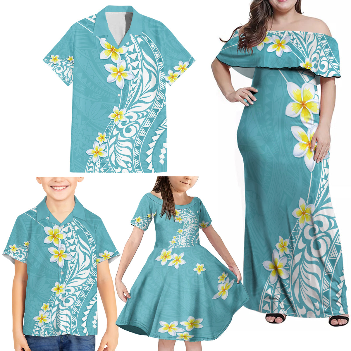 Hawaii Aloha Family Matching Off Shoulder Maxi Dress and Hawaiian Shirt Plumeria Vintage - Turquoise LT7 - Polynesian Pride