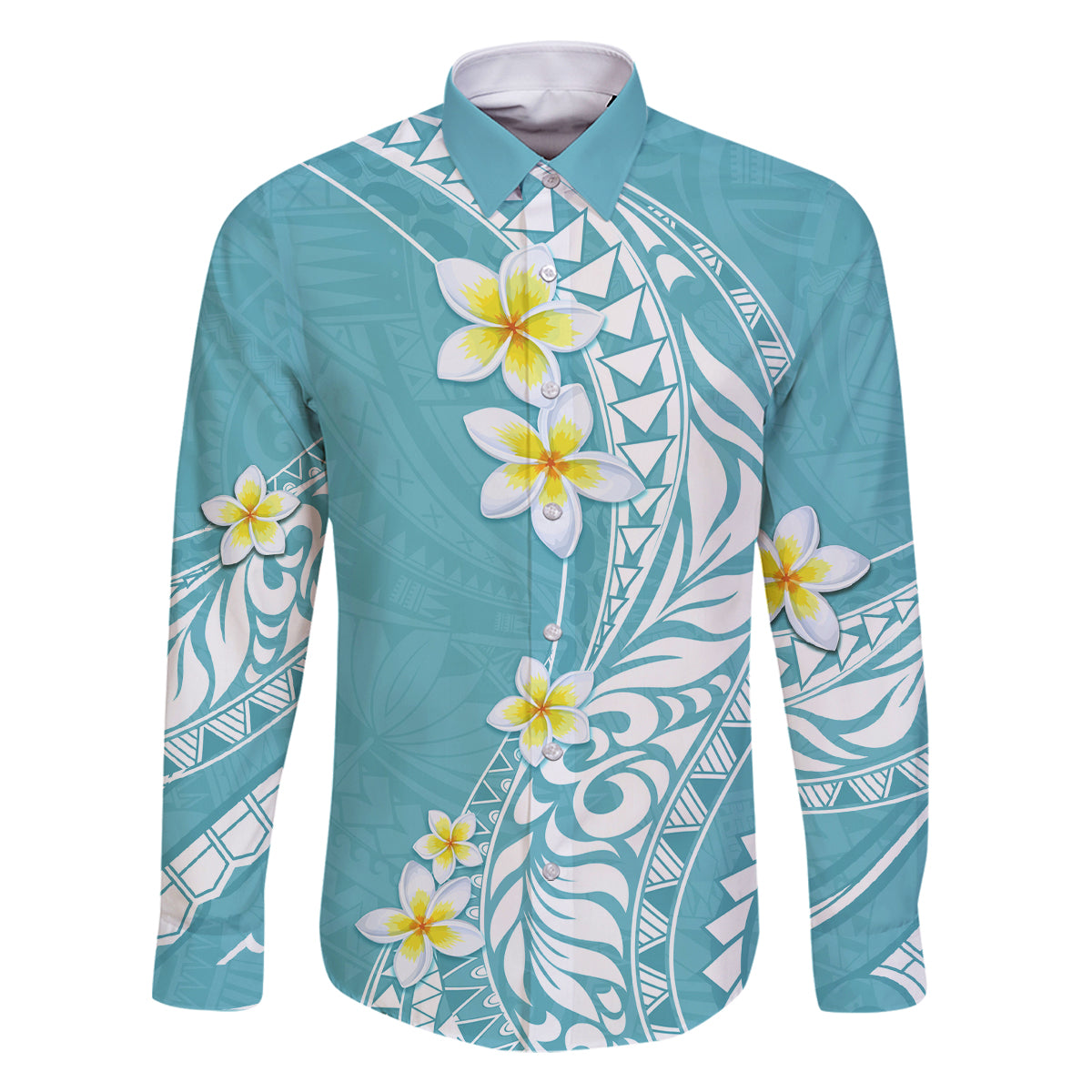 Hawaii Aloha Family Matching Off Shoulder Maxi Dress and Hawaiian Shirt Plumeria Vintage - Turquoise LT7 Dad's Shirt - Long Sleeve Turquoise - Polynesian Pride
