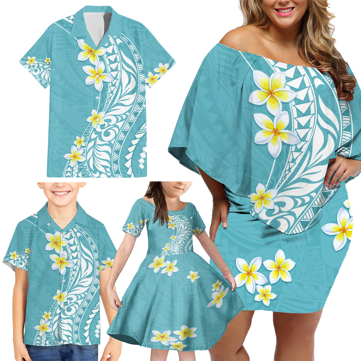 Hawaii Aloha Family Matching Off Shoulder Short Dress and Hawaiian Shirt Plumeria Vintage - Turquoise LT7 - Polynesian Pride