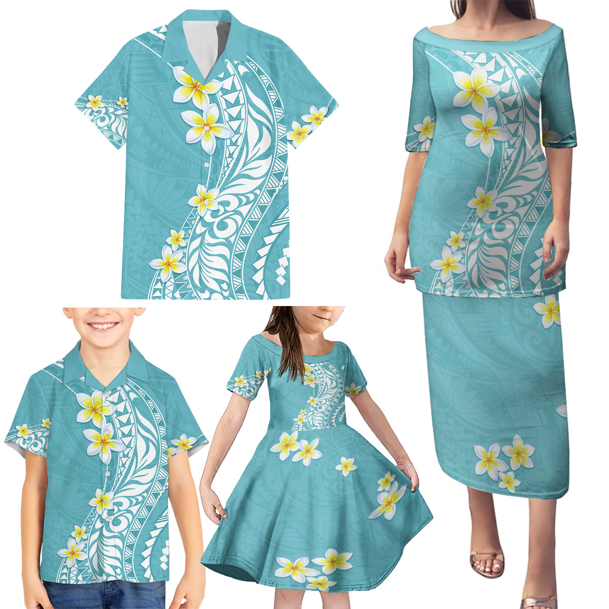 Hawaii Aloha Family Matching Puletasi Dress and Hawaiian Shirt Plumeria Vintage - Turquoise LT7 - Polynesian Pride