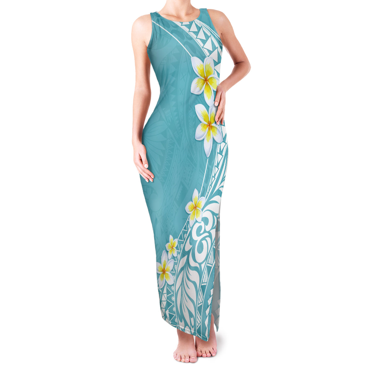 Hawaii Aloha Family Matching Tank Maxi Dress and Hawaiian Shirt Plumeria Vintage - Turquoise LT7 Mom's Dress Turquoise - Polynesian Pride