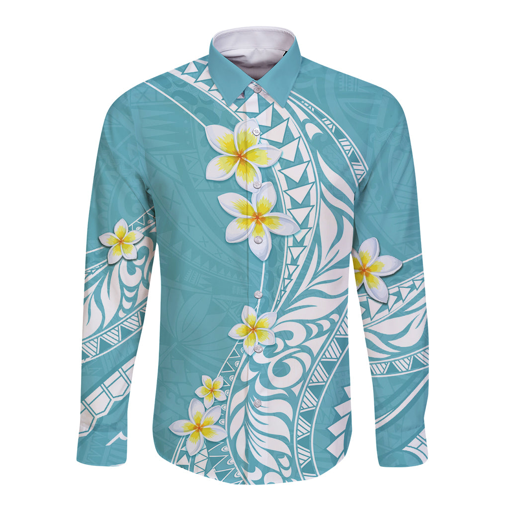 Hawaii Aloha Long Sleeve Button Shirt Plumeria Vintage - Turquoise LT7 Unisex Turquoise - Polynesian Pride