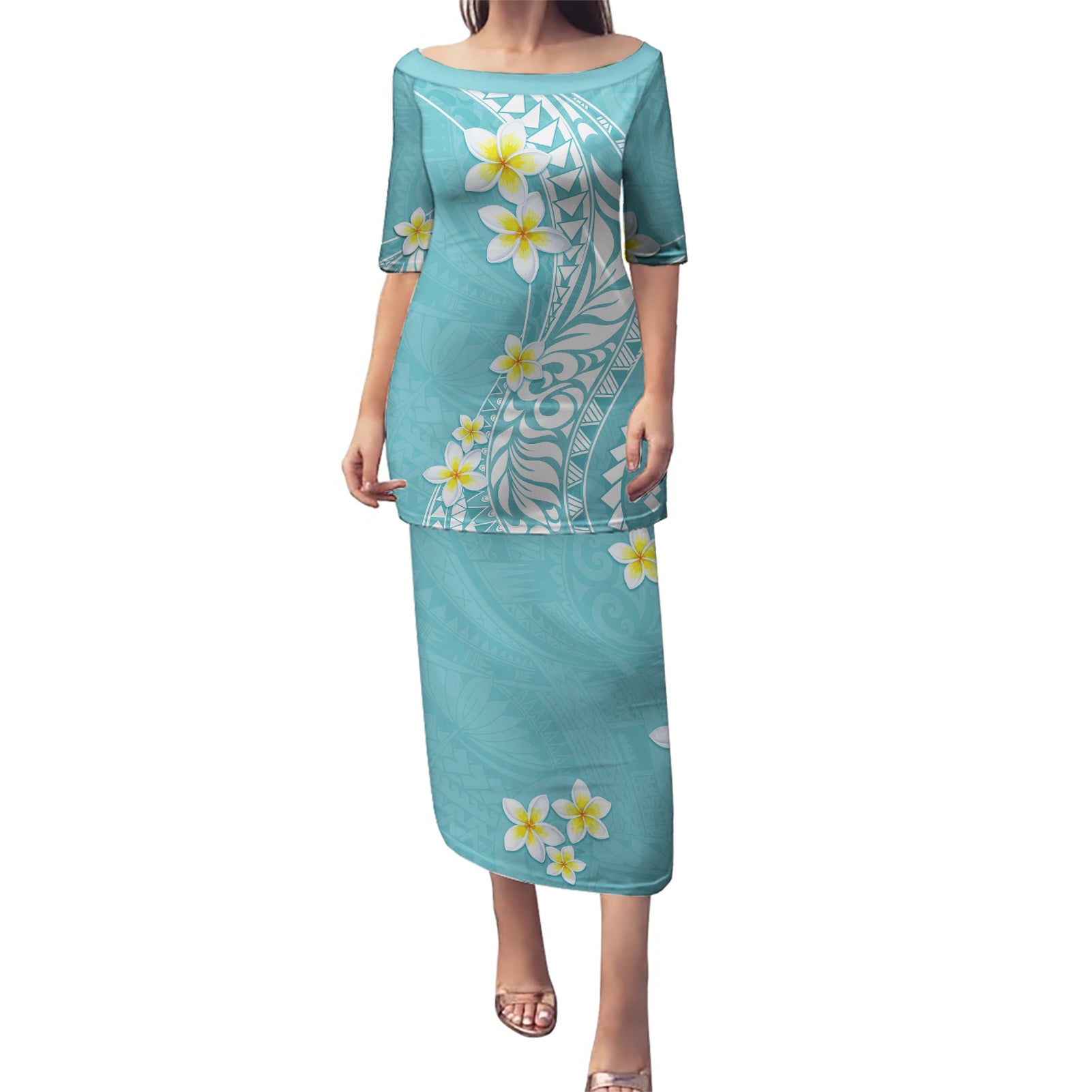 Hawaii Aloha Puletasi Plumeria Vintage - Turquoise LT7 Long Dress Turquoise - Polynesian Pride