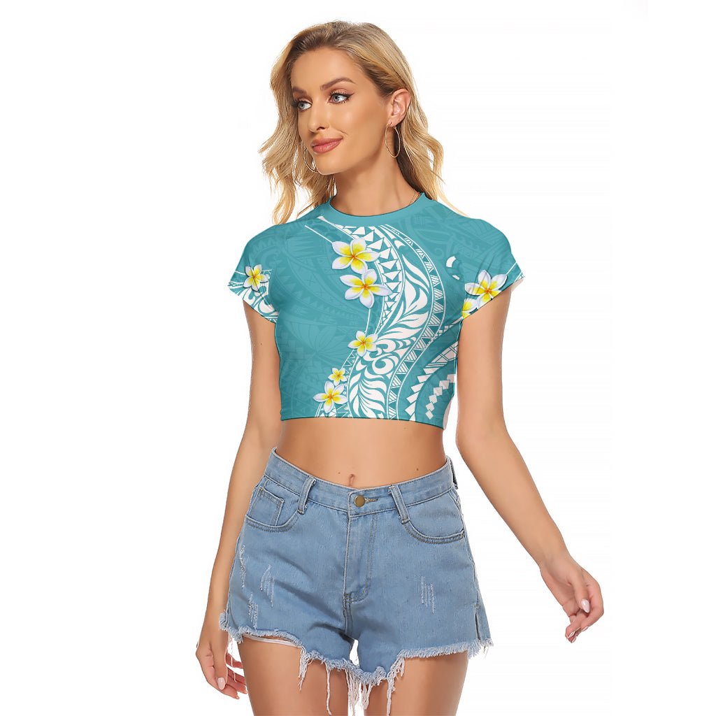 Hawaii Aloha Raglan Cropped T Shirt Plumeria Vintage - Turquoise LT7 Female Turquoise - Polynesian Pride