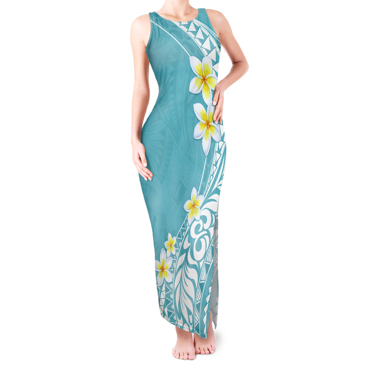 Hawaii Aloha Tank Maxi Dress Plumeria Vintage - Turquoise LT7 Women Turquoise - Polynesian Pride