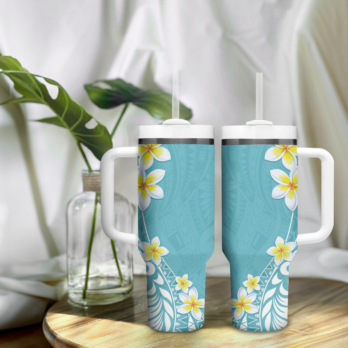 Hawaii Aloha Tumbler With Handle Plumeria Vintage - Turquoise