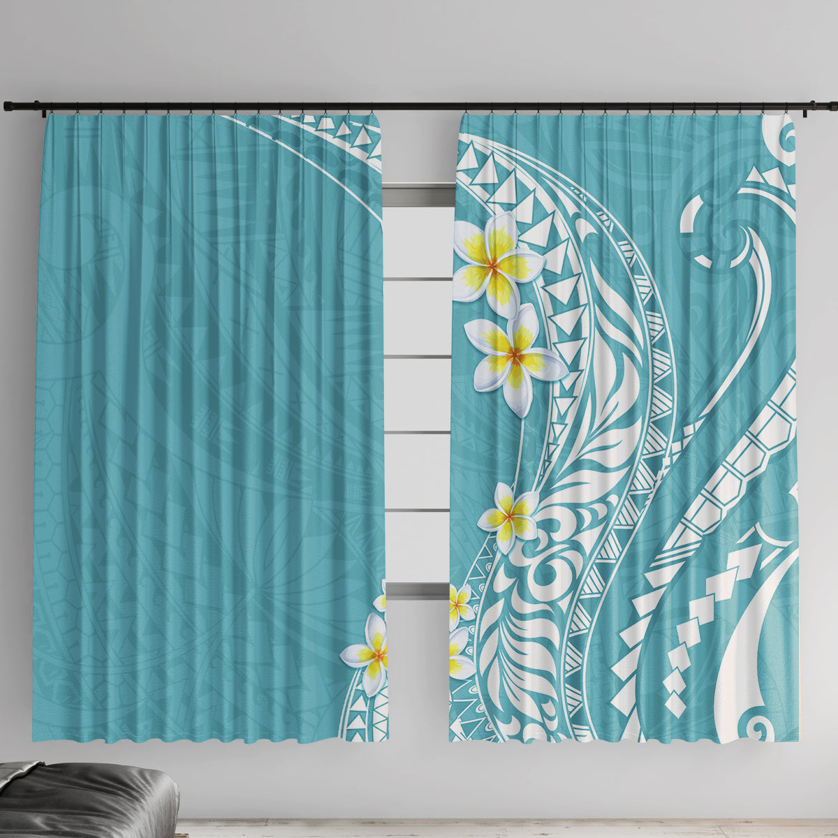 Hawaii Aloha Window Curtain Plumeria Vintage - Turquoise LT7 With Hooks Turquoise - Polynesian Pride