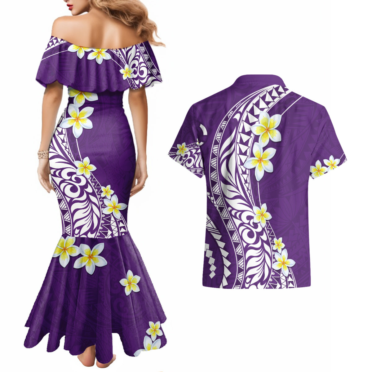Hawaii Aloha Couples Matching Mermaid Dress and Hawaiian Shirt Plumeria Vintage - Violet LT7 - Polynesian Pride