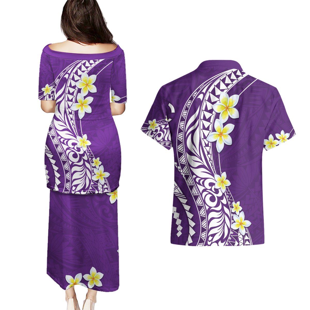Hawaii Aloha Couples Matching Puletasi Dress and Hawaiian Shirt Plumeria Vintage - Violet LT7 - Polynesian Pride