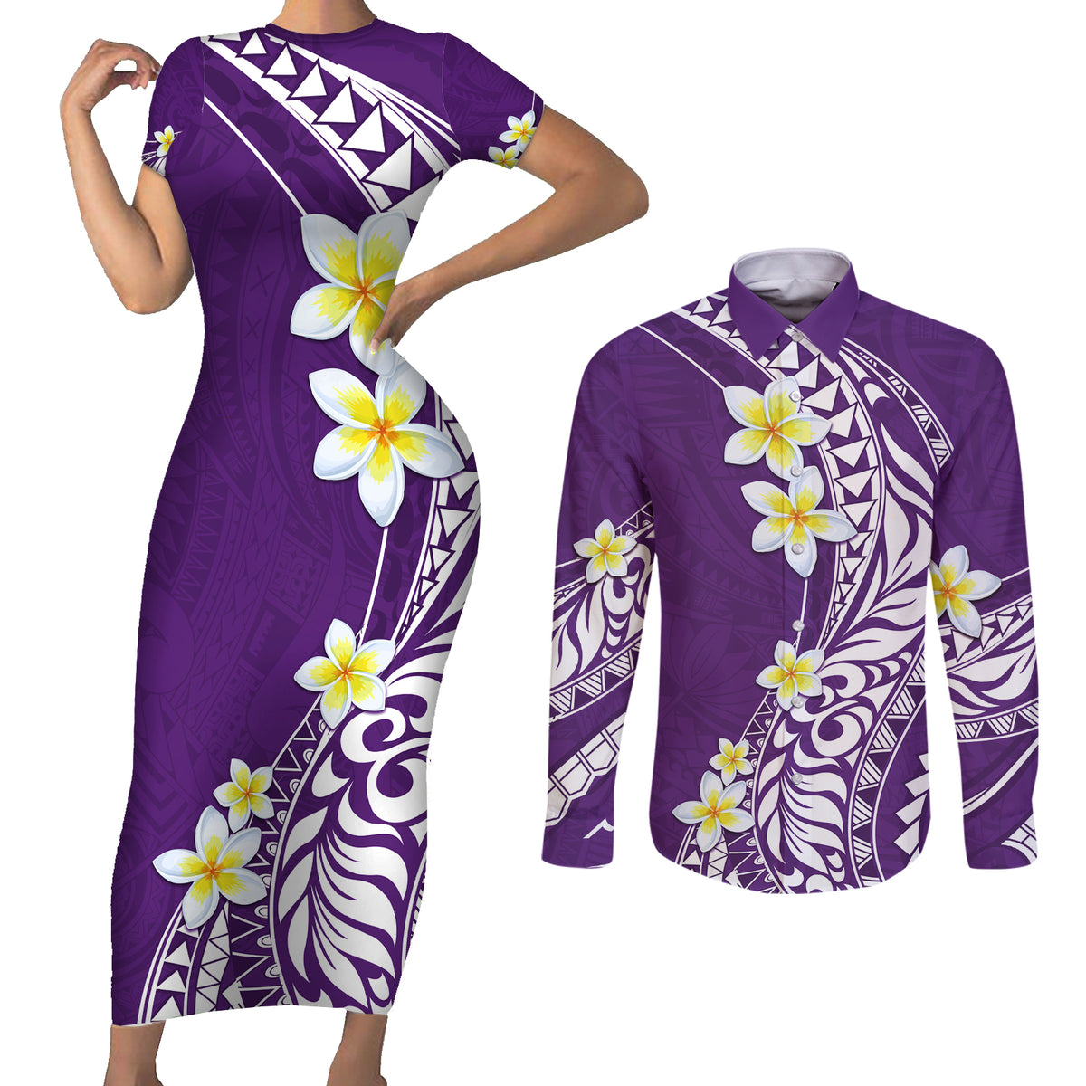Hawaii Aloha Couples Matching Short Sleeve Bodycon Dress and Long Sleeve Button Shirt Plumeria Vintage - Violet LT7 Violet - Polynesian Pride