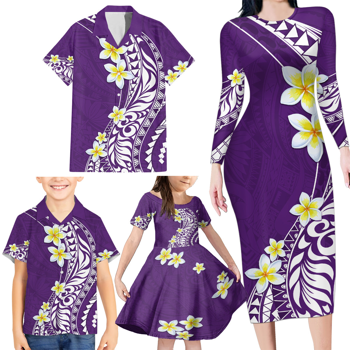 Hawaii Aloha Family Matching Long Sleeve Bodycon Dress and Hawaiian Shirt Plumeria Vintage - Violet LT7 - Polynesian Pride