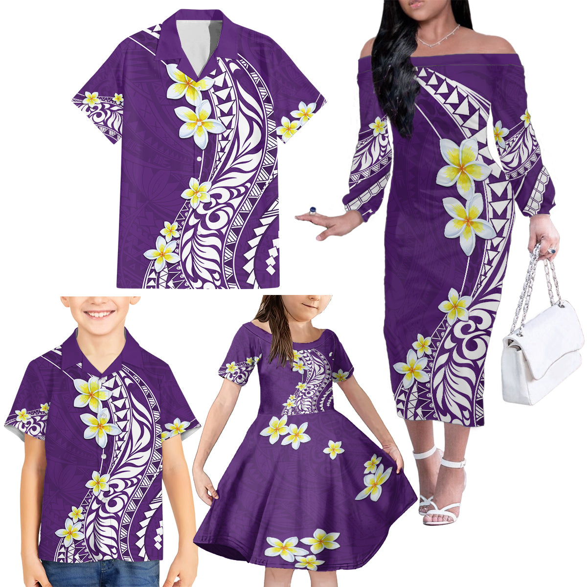 Hawaii Aloha Family Matching Off Shoulder Long Sleeve Dress and Hawaiian Shirt Plumeria Vintage - Violet LT7 - Polynesian Pride