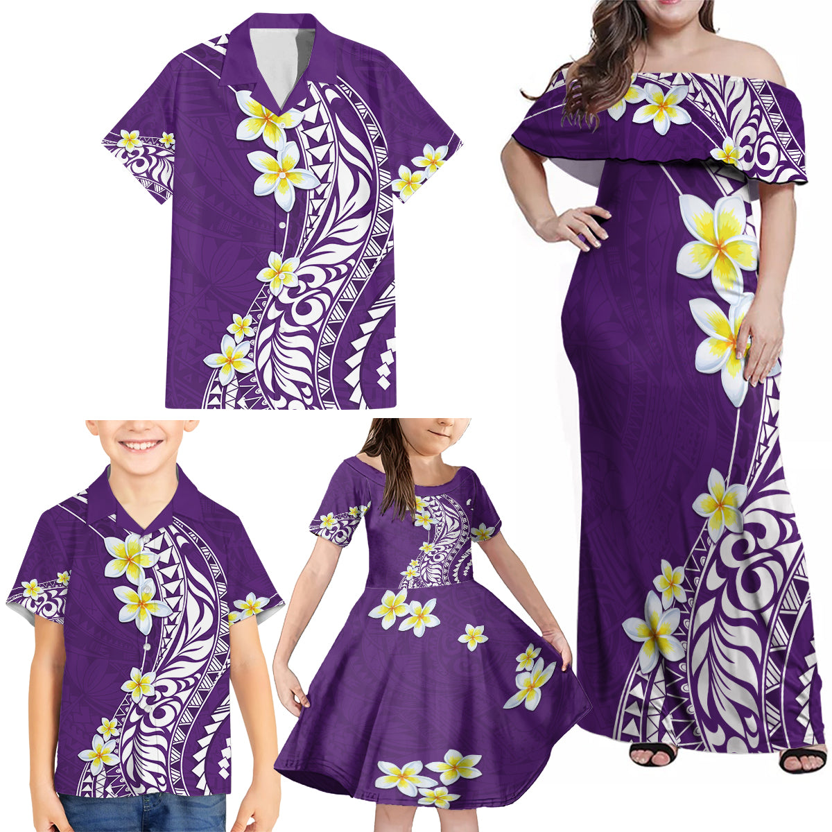 Hawaii Aloha Family Matching Off Shoulder Maxi Dress and Hawaiian Shirt Plumeria Vintage - Violet LT7 - Polynesian Pride