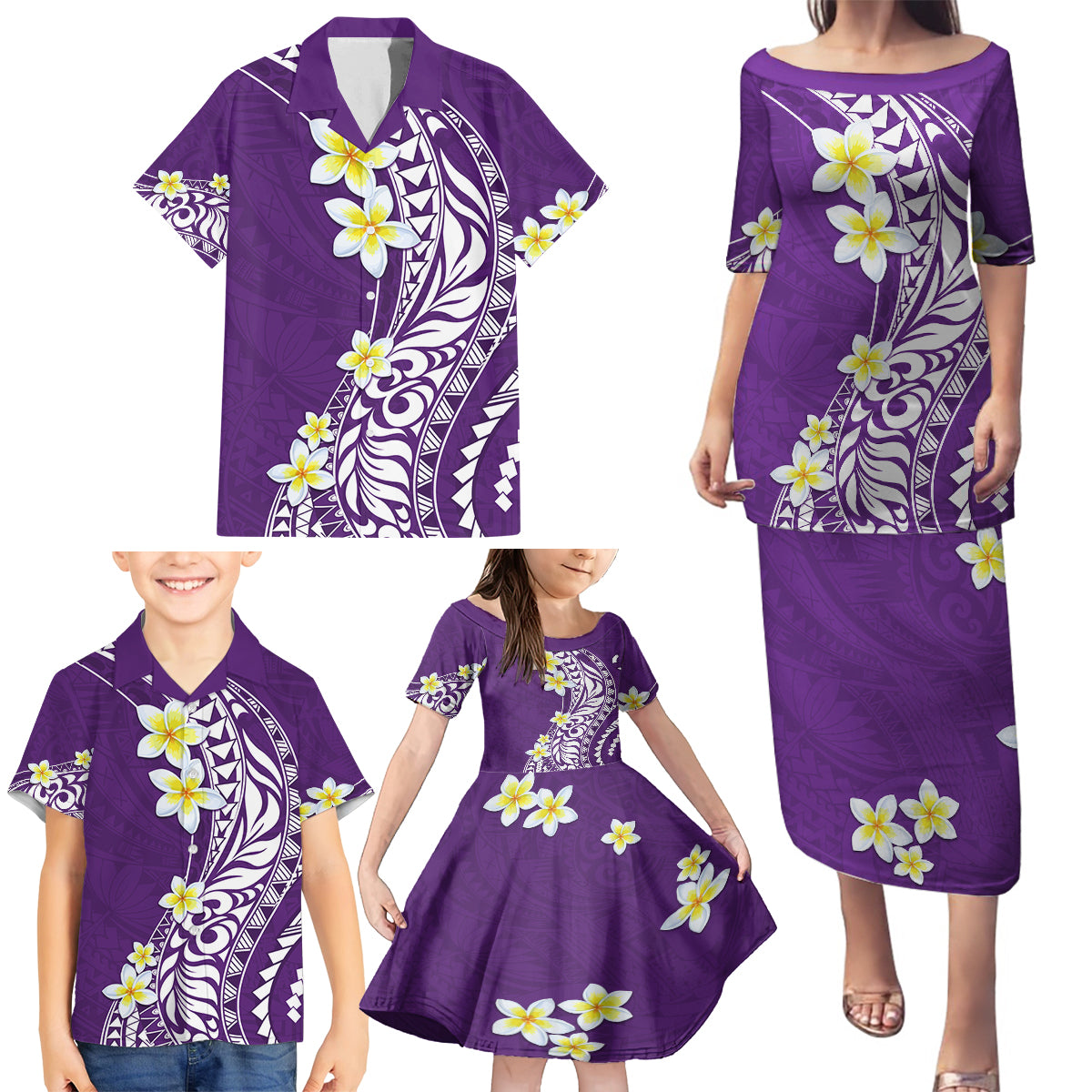 Hawaii Aloha Family Matching Puletasi Dress and Hawaiian Shirt Plumeria Vintage - Violet LT7 - Polynesian Pride