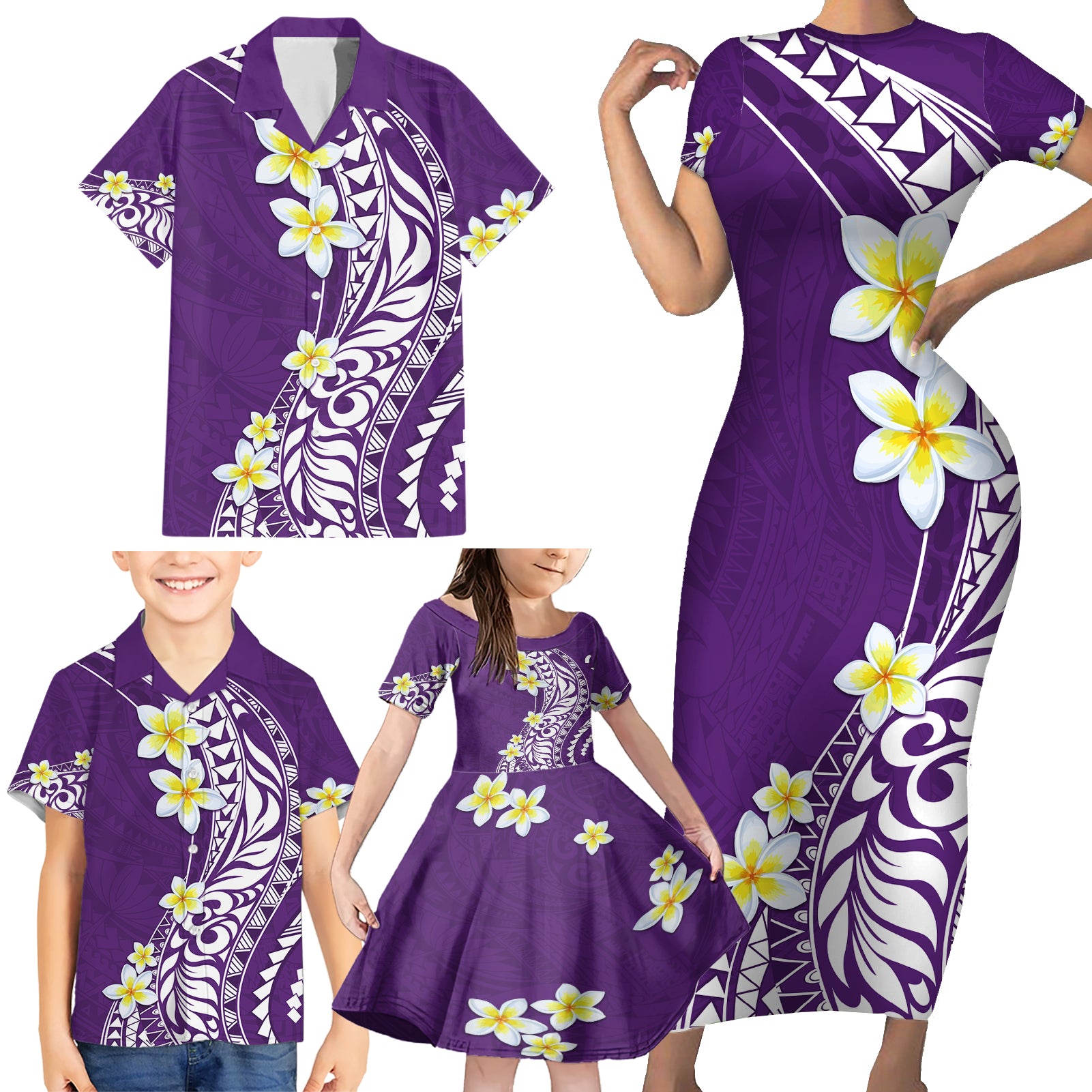 Hawaii Aloha Family Matching Short Sleeve Bodycon Dress and Hawaiian Shirt Plumeria Vintage - Violet LT7 - Polynesian Pride