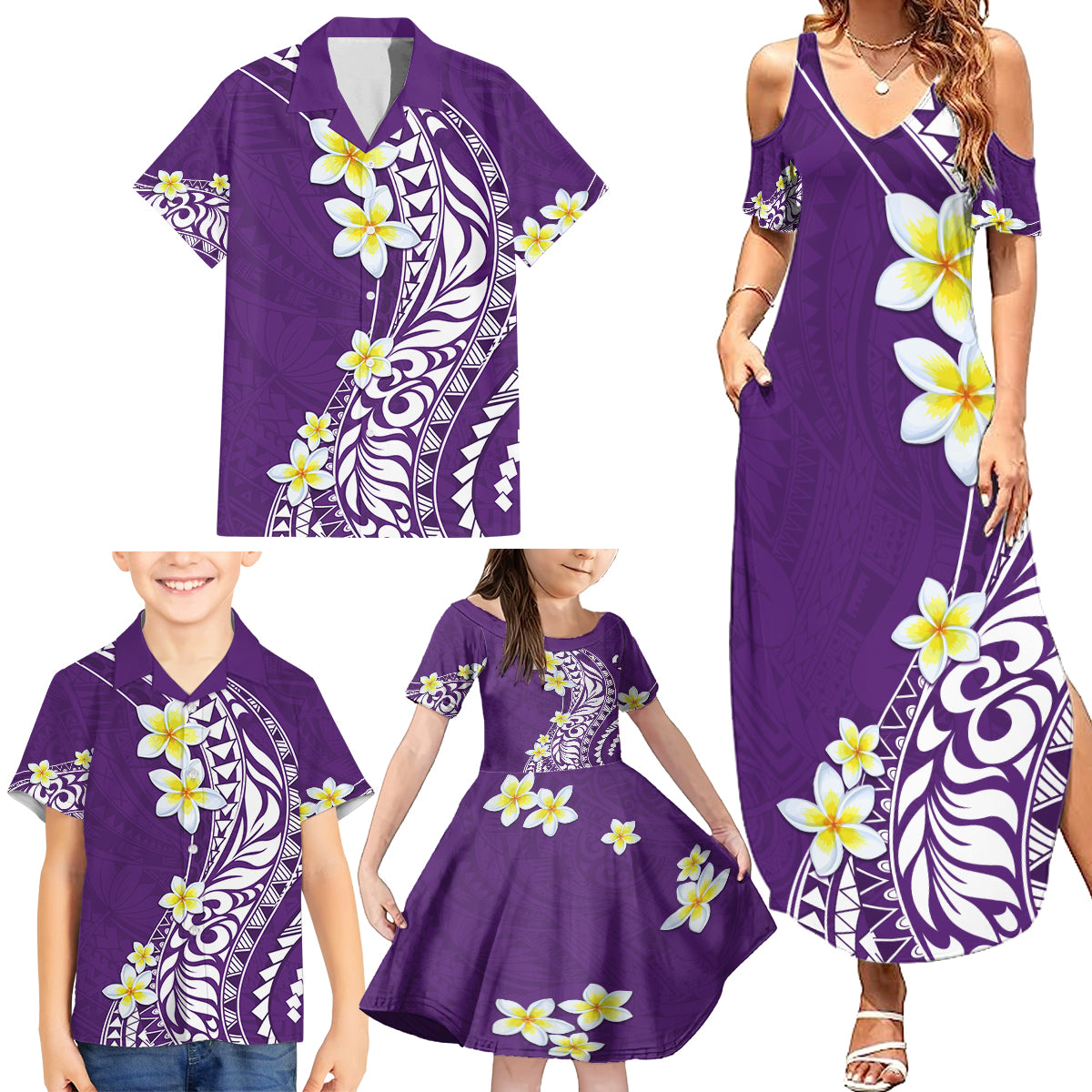 Hawaii Aloha Family Matching Summer Maxi Dress and Hawaiian Shirt Plumeria Vintage - Violet LT7 - Polynesian Pride