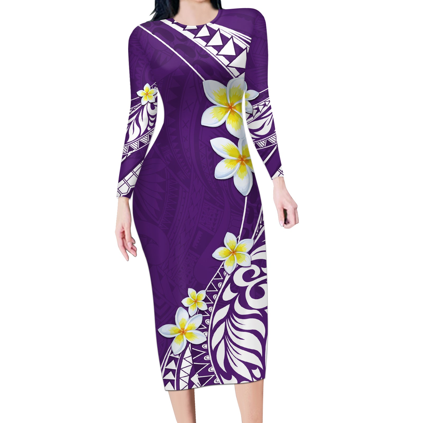 Hawaii Aloha Long Sleeve Bodycon Dress Plumeria Vintage - Violet LT7 Long Dress Violet - Polynesian Pride