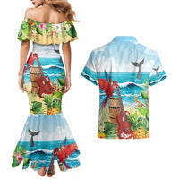 Aloha Honolulu Festival Couples Matching Mermaid Dress and Hawaiian Shirt Ukulele By The Shore