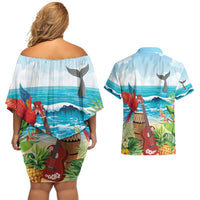 Aloha Honolulu Festival Couples Matching Off Shoulder Short Dress and Hawaiian Shirt Ukulele By The Shore