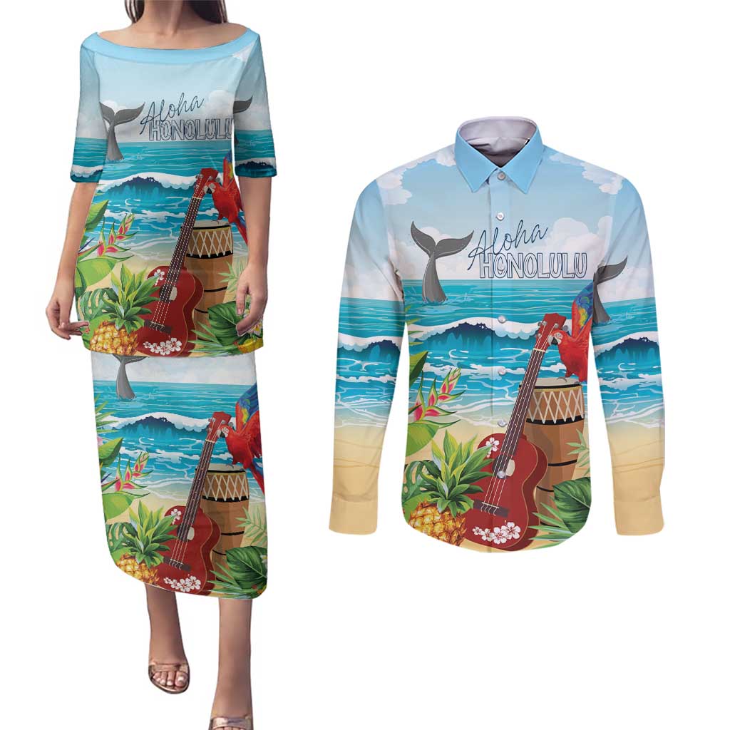 Aloha Honolulu Festival Couples Matching Puletasi and Long Sleeve Button Shirt Ukulele By The Shore LT7 Art - Polynesian Pride