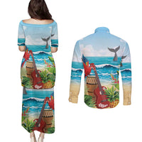 Aloha Honolulu Festival Couples Matching Puletasi and Long Sleeve Button Shirt Ukulele By The Shore