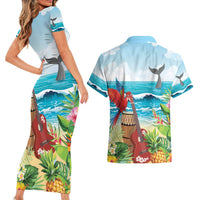 Aloha Honolulu Festival Couples Matching Short Sleeve Bodycon Dress and Hawaiian Shirt Ukulele By The Shore