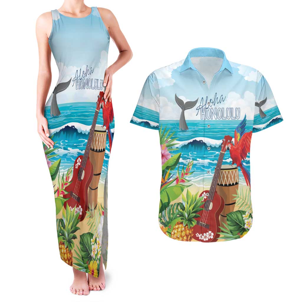Aloha Honolulu Festival Couples Matching Tank Maxi Dress and Hawaiian Shirt Ukulele By The Shore