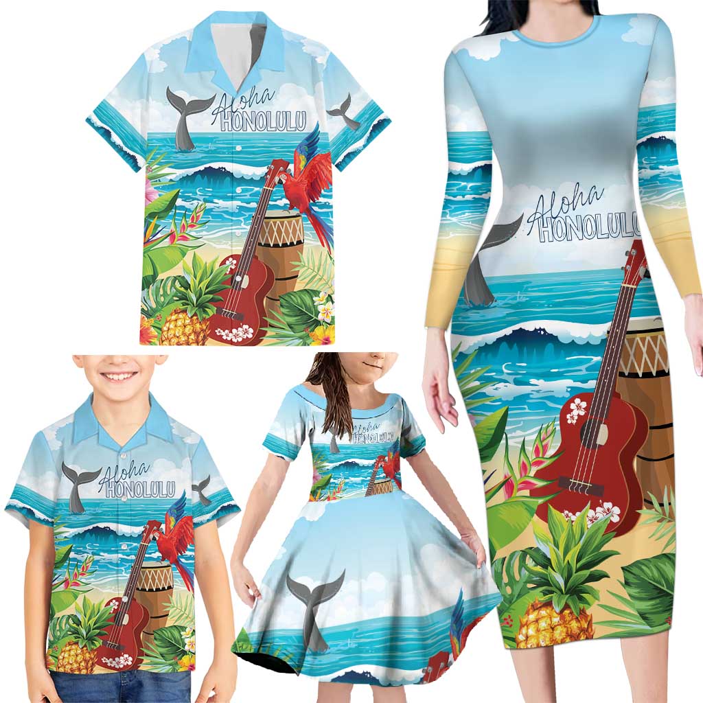 Aloha Honolulu Festival Family Matching Long Sleeve Bodycon Dress and Hawaiian Shirt Ukulele By The Shore