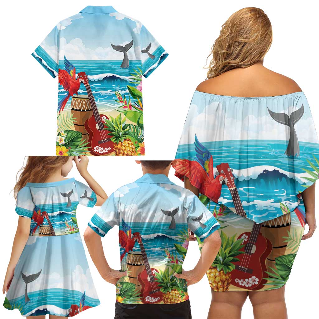 Aloha Honolulu Festival Family Matching Off Shoulder Short Dress and Hawaiian Shirt Ukulele By The Shore