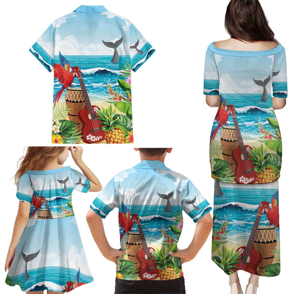 Aloha Honolulu Festival Family Matching Puletasi and Hawaiian Shirt Ukulele By The Shore