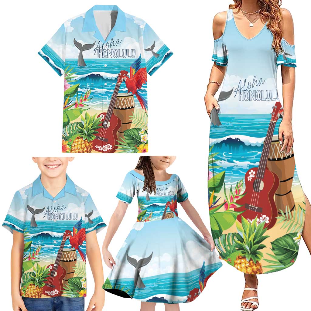 Aloha Honolulu Festival Family Matching Summer Maxi Dress and Hawaiian Shirt Ukulele By The Shore