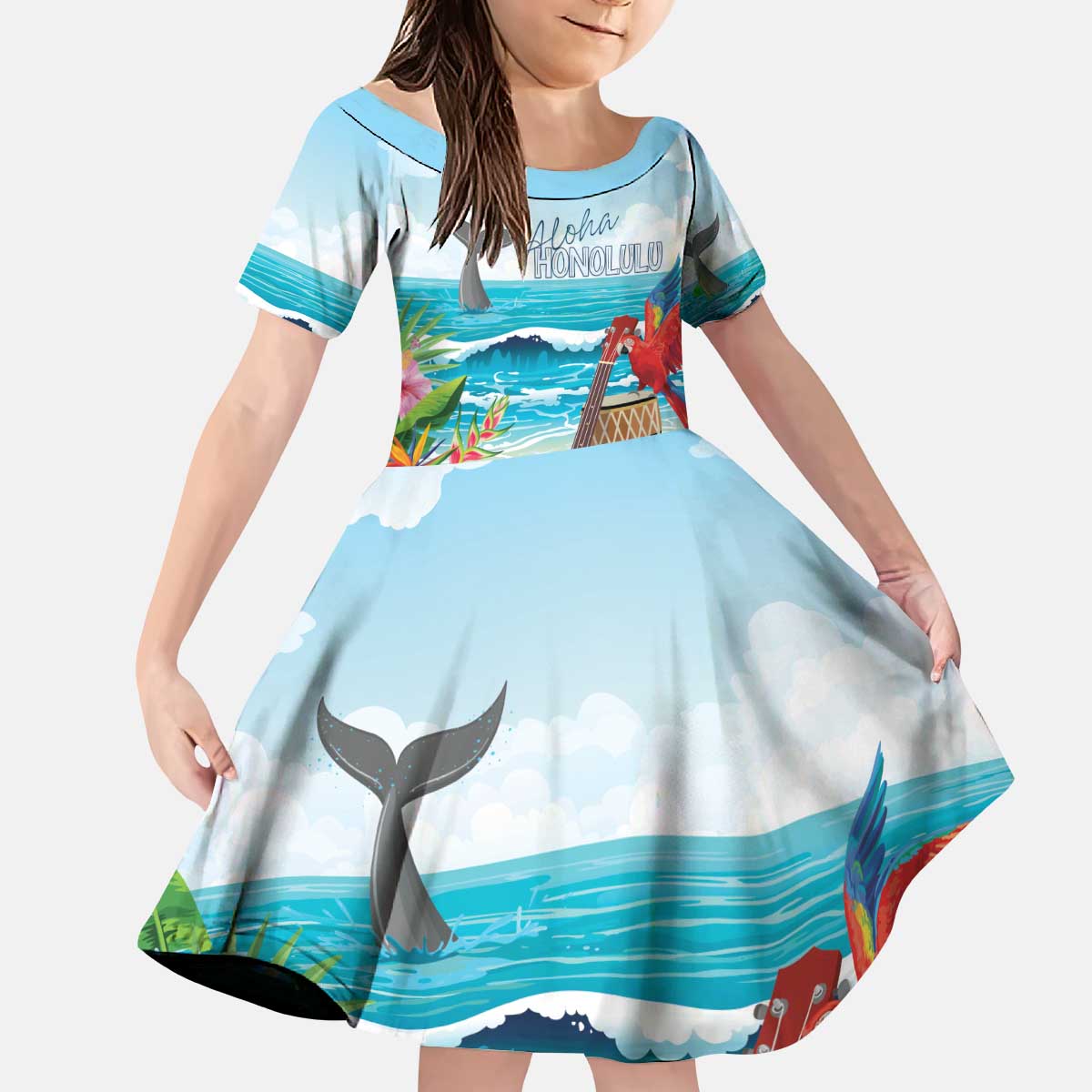 Aloha Honolulu Festival Kid Short Sleeve Dress Ukulele By The Shore