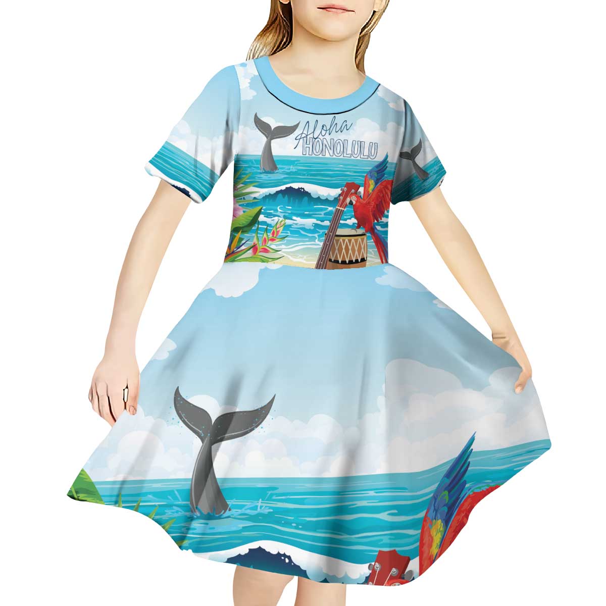Aloha Honolulu Festival Kid Short Sleeve Dress Ukulele By The Shore