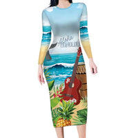 Aloha Honolulu Festival Long Sleeve Bodycon Dress Ukulele By The Shore