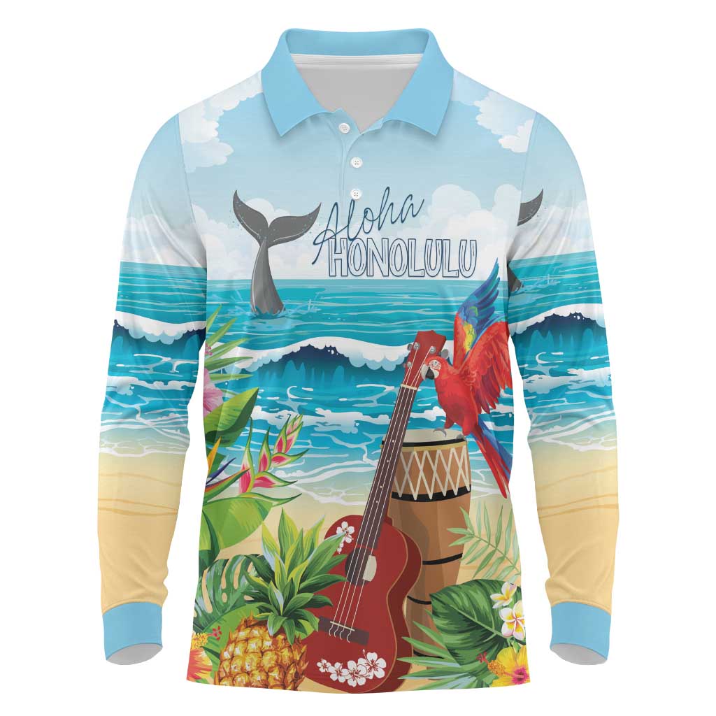 Aloha Honolulu Festival Long Sleeve Polo Shirt Ukulele By The Shore