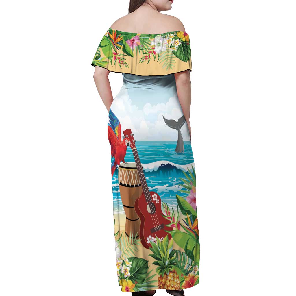Aloha Honolulu Festival Off Shoulder Maxi Dress Ukulele By The Shore LT7 - Polynesian Pride