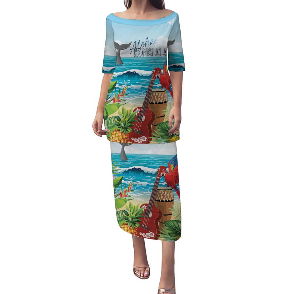 Aloha Honolulu Festival Puletasi Ukulele By The Shore LT7 Long Dress Art - Polynesian Pride